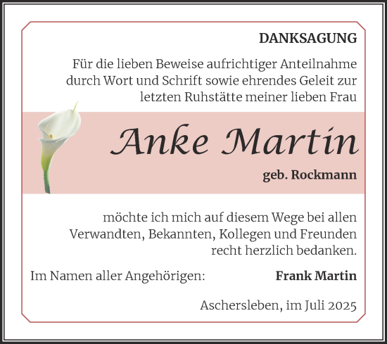 Traueranzeige von Anke Martin von Trauerkombi Aschersleben