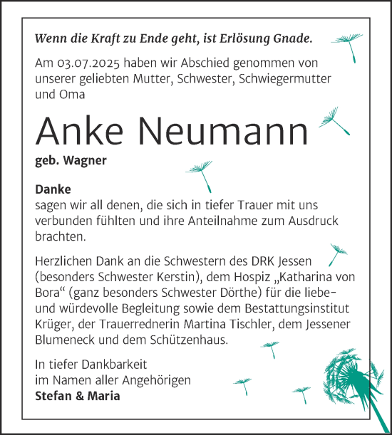Traueranzeige von Anke Neumann von Trauerkombi Wittenberg