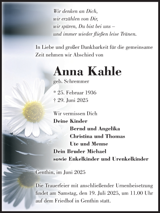 Traueranzeige von Anna Kahle von Volksstimme Burg/Genthin