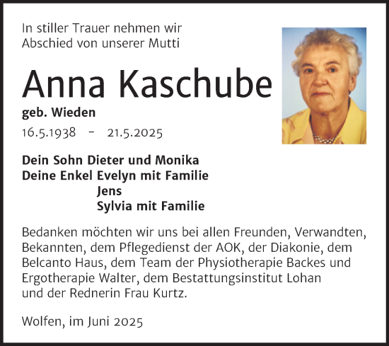 Traueranzeige von Anna Kaschube von Trauerkombi Bitterfeld