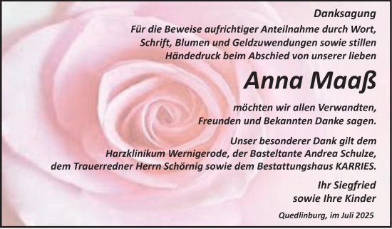 Traueranzeige von Anna Maaß von Trauerkombi Quedlinburg