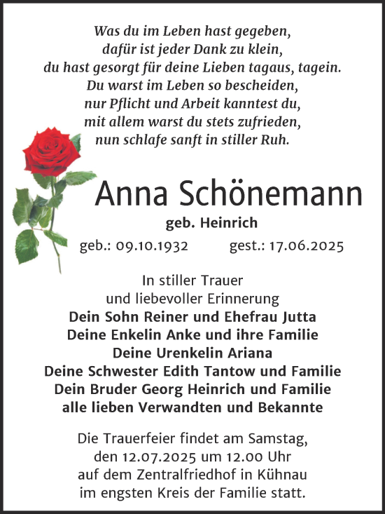 Traueranzeige von Anna Schönemann von Trauerkombi Dessau