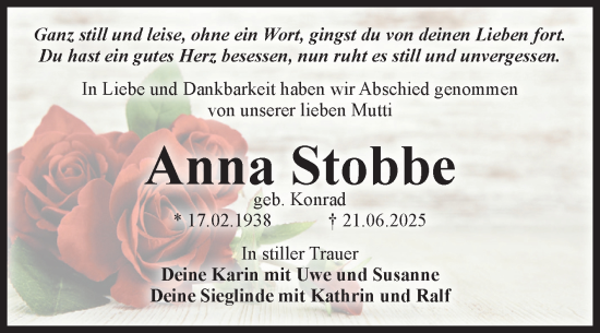 Traueranzeige von Anna Stobbe von Volksstimme Oschersleben/Wanzleben