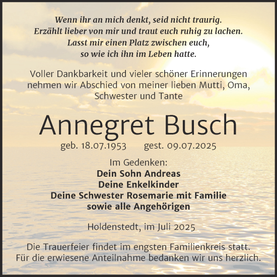 Traueranzeige von Annegret Busch von Trauerkombi Sangerhausen