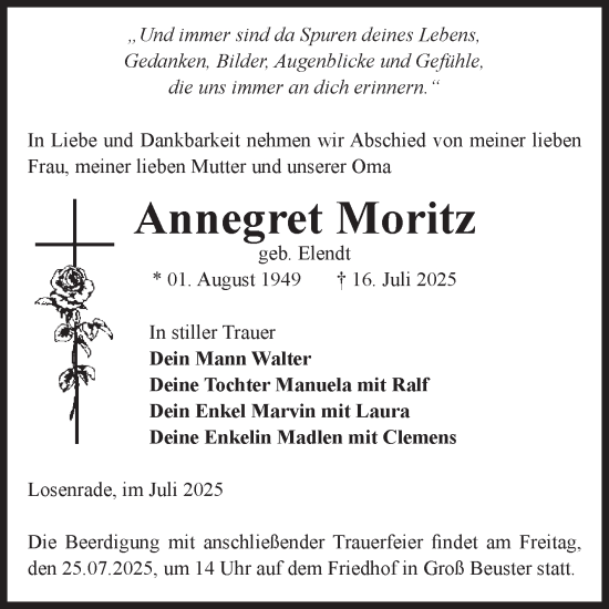 Traueranzeige von Annegret Moritz von Volksstimme Altmark Ost