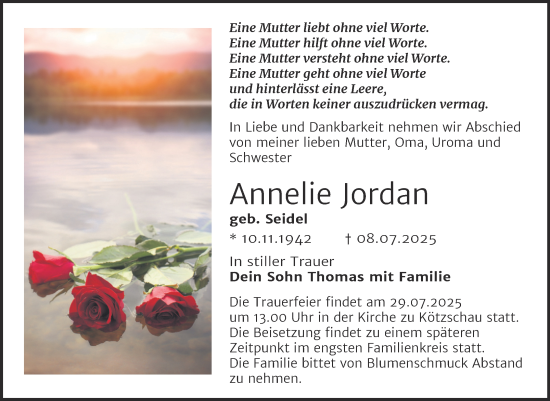 Traueranzeige von Annelie Jordan von Trauerkombi Merseburg