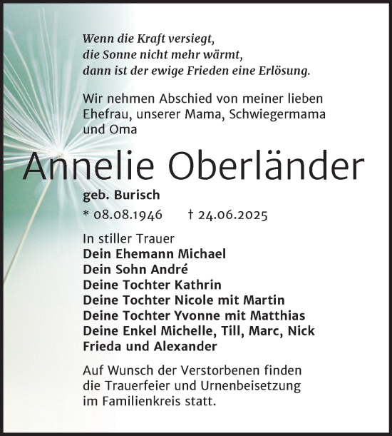 Traueranzeige von Annelie Oberländer von Trauerkombi Wittenberg
