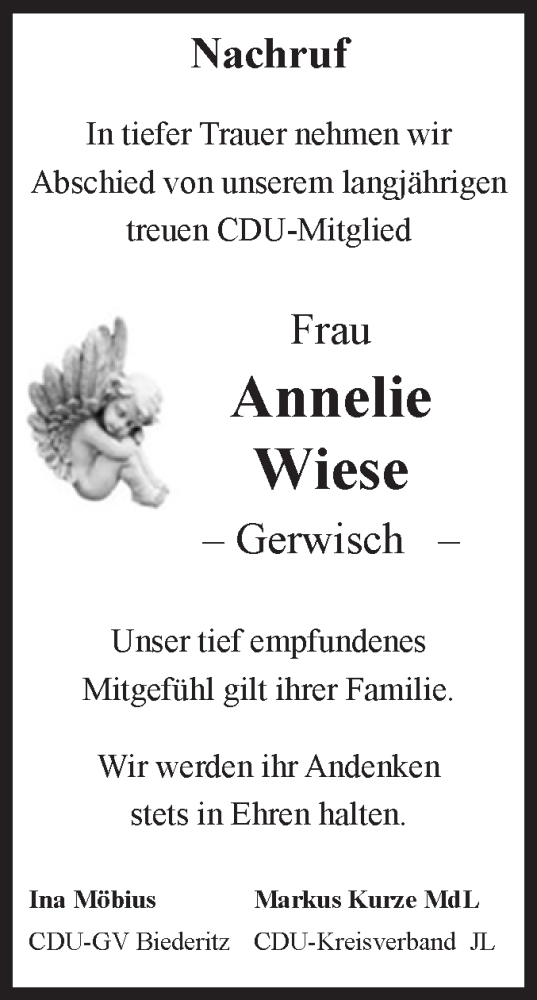 Traueranzeige von Annelie Wiese von Volksstimme Burg/Genthin
