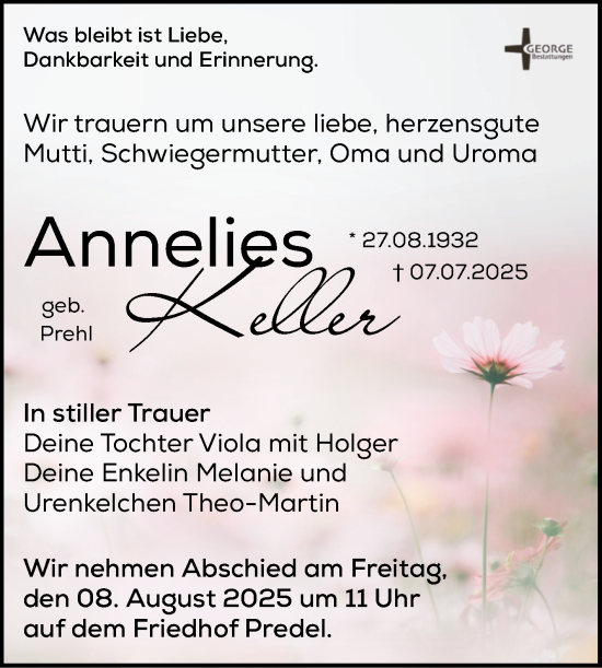 Traueranzeige von Annelies Keller von Super Sonntag Zeitz
