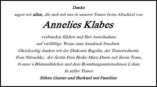 Traueranzeige von Annelies Klabes von Trauerkombi Bitterfeld