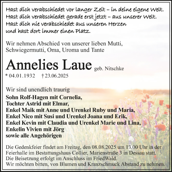 Traueranzeige von Annelies Laue von Trauerkombi Dessau