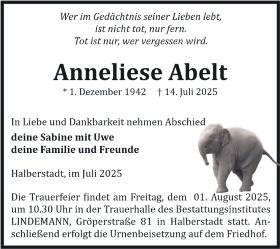 Traueranzeige von Anneliese Abelt von Volksstimme Halberstadt