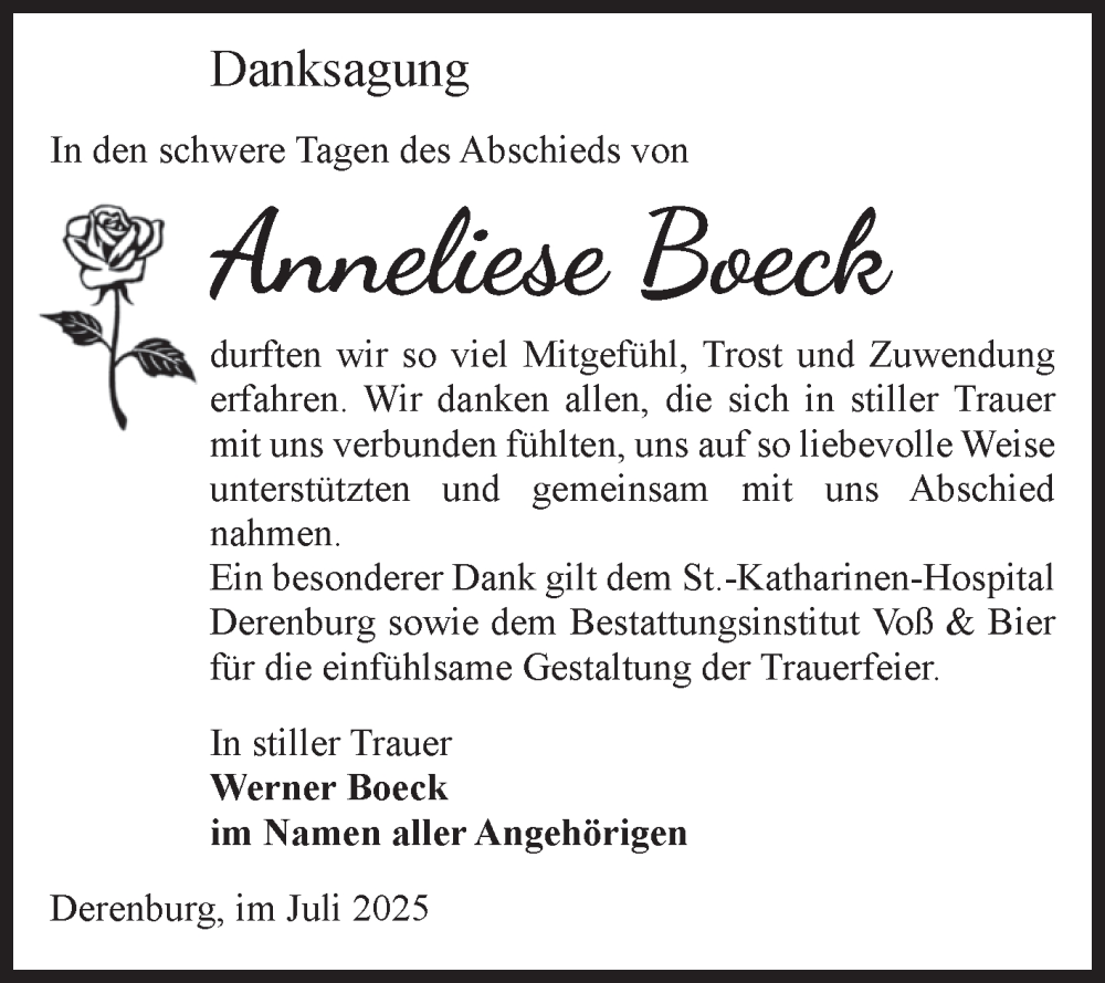  Traueranzeige für Anneliese Boeck vom 26.07.2025 aus Volksstimme Wernigerode