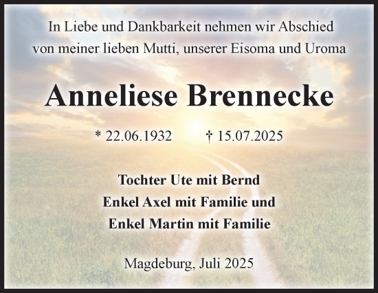 Traueranzeige von Anneliese Brennecke von Volksstimme Magdeburg
