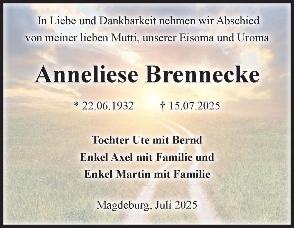  Traueranzeige für Anneliese Brennecke vom 26.07.2025 aus Volksstimme Magdeburg