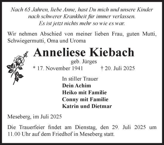 Traueranzeige von Anneliese Kiebach von Volksstimme Altmark Ost