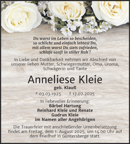 Traueranzeige von Anneliese Kleie von Trauerkombi Quedlinburg
