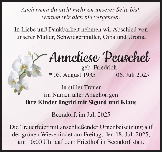 Traueranzeige von Anneliese Peuschel von Volksstimme Haldensleben/Wolmirstedt