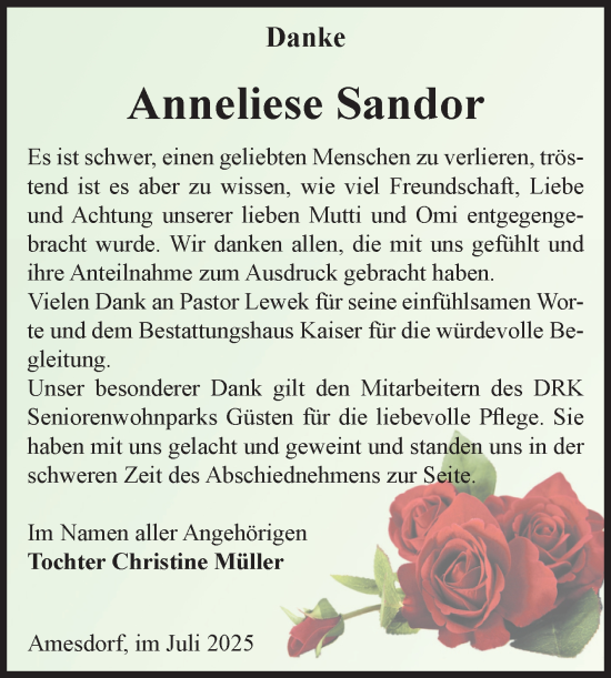 Traueranzeige von Anneliese Sandor von Volksstimme Staßfurt