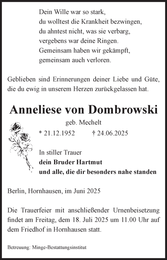 Traueranzeige von Anneliese von Dombrowski von Volksstimme Oschersleben/Wanzleben