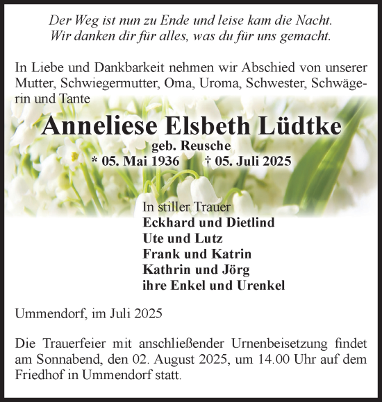 Traueranzeige von Anneliese Elsbeth Lüdtke von Volksstimme Oschersleben/Wanzleben