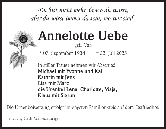 Traueranzeige von Annelotte Uebe von Volksstimme Magdeburg