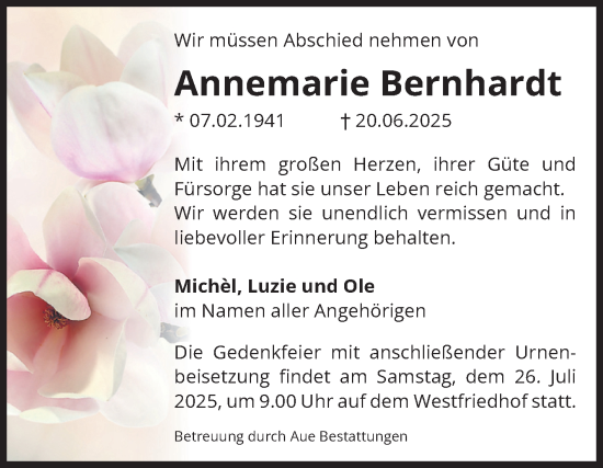 Traueranzeige von Annemarie Bernhardt von Volksstimme Magdeburg