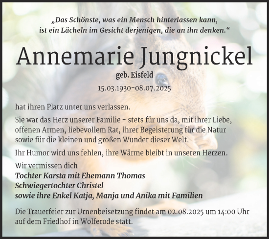 Traueranzeige von Annemarie Jungnickel von Trauerkombi Mansfelder Land