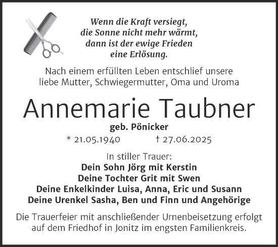 Traueranzeige von Annemarie Taubner von Trauerkombi Dessau