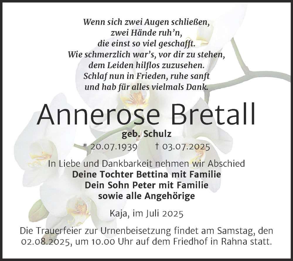  Traueranzeige für Annerose Bretall vom 26.07.2025 aus Trauerkombi Weißenfels
