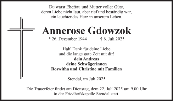 Traueranzeige von Annerose Gdowzok von Volksstimme Altmark Ost