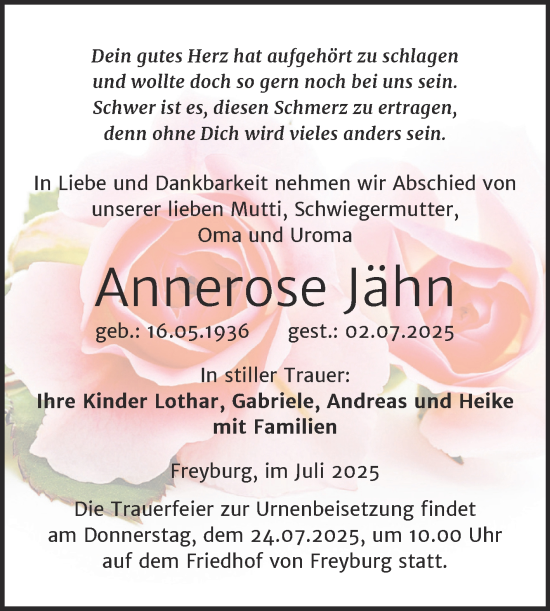 Traueranzeige von Annerose Jähn von Super Sonntag Naumburg/Nebra