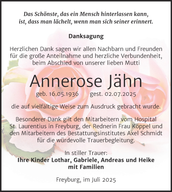 Traueranzeige von Annerose Jähn von Super Sonntag Naumburg/Nebra