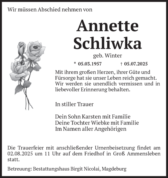 Traueranzeige von Annette Schliwka von Volksstimme Haldensleben/Wolmirstedt