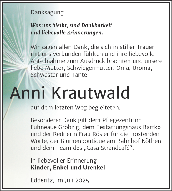 Traueranzeige von Anni Krautwald von Trauerkombi Köthen