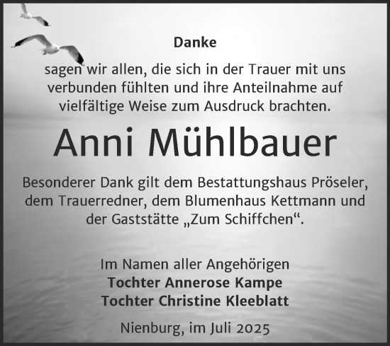 Traueranzeige von Anni Mühlbauer von Trauerkombi Bernburg