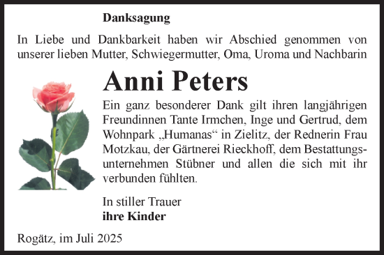 Traueranzeige von Anni Peters von Volksstimme Haldensleben/Wolmirstedt