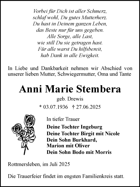 Traueranzeige von Anni Marie Stembera von Volksstimme Haldensleben/Wolmirstedt