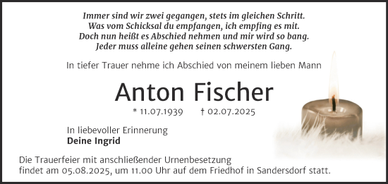 Traueranzeige von Anton Fischer von Trauerkombi Bitterfeld