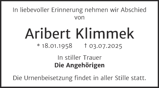 Traueranzeige von Aribert Klimmek von Trauerkombi Bernburg