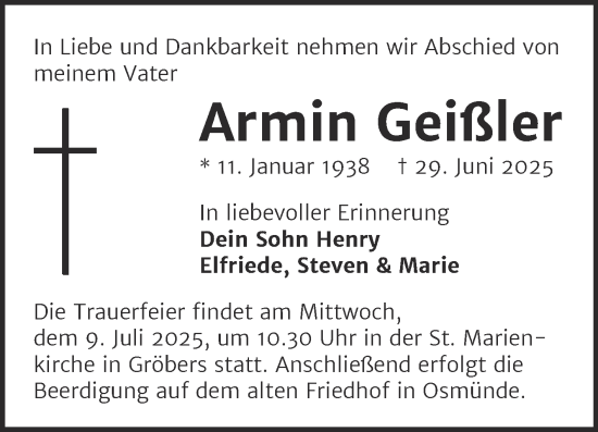 Traueranzeige von Armin Geißler von Mitteldeutsche Zeitung Halle/Saalkreis