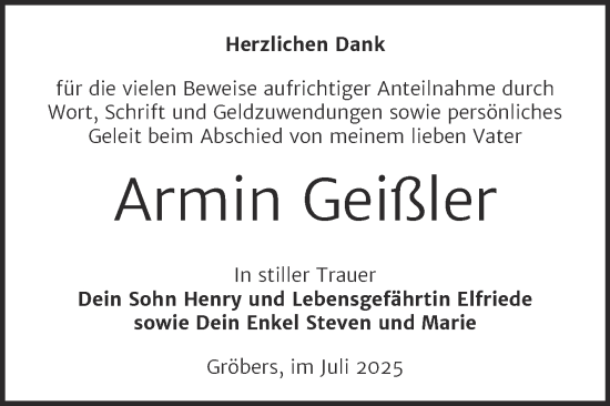 Traueranzeige von Armin Geißler von Mitteldeutsche Zeitung Halle/Saalkreis