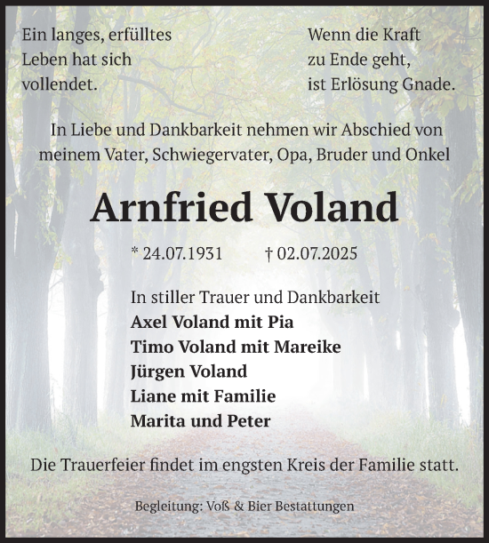Traueranzeige von Arnfried Voland von Volksstimme Wernigerode