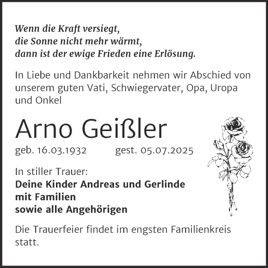 Traueranzeige von Arno Geißler von Trauerkombi Weißenfels