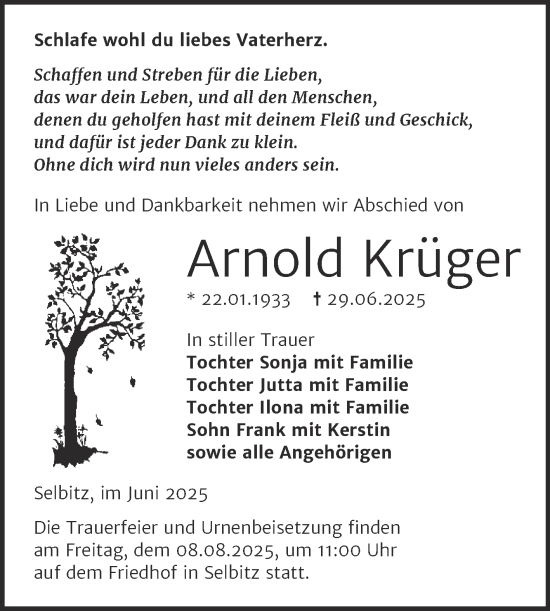 Traueranzeige von Arnold Krüger von Super Sonntag Wittenberg
