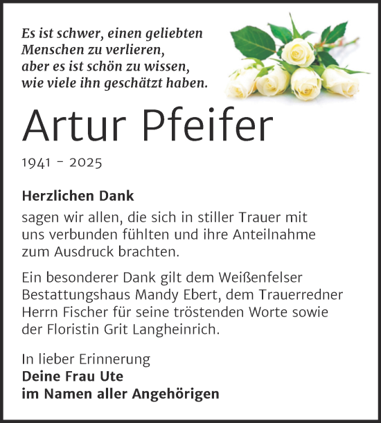 Traueranzeige von Artur Pfeifer von Trauerkombi Weißenfels