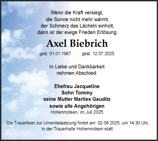 Traueranzeige von Axel Biebrich von Trauerkombi Weißenfels