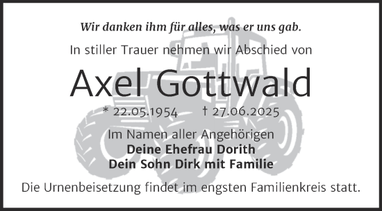 Traueranzeige von Axel Gottwald von Trauerkombi Wittenberg