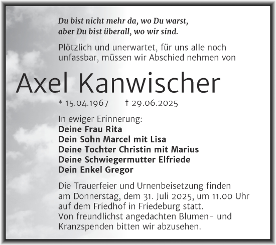 Traueranzeige von Axel Kanwischer von Trauerkombi Mansfelder Land