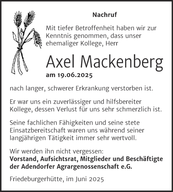 Traueranzeige von Axel Mackenberg von Mitteldeutsche Zeitung Mansfelder Land
